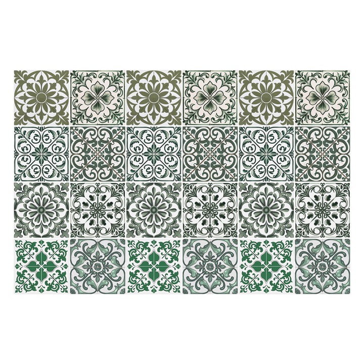 Autocolante pentru gresie, Wallfluent, Motive florale in aranjament, Verde, 10x10 cm, 24 bucati, Decorative, 010140070180000283727