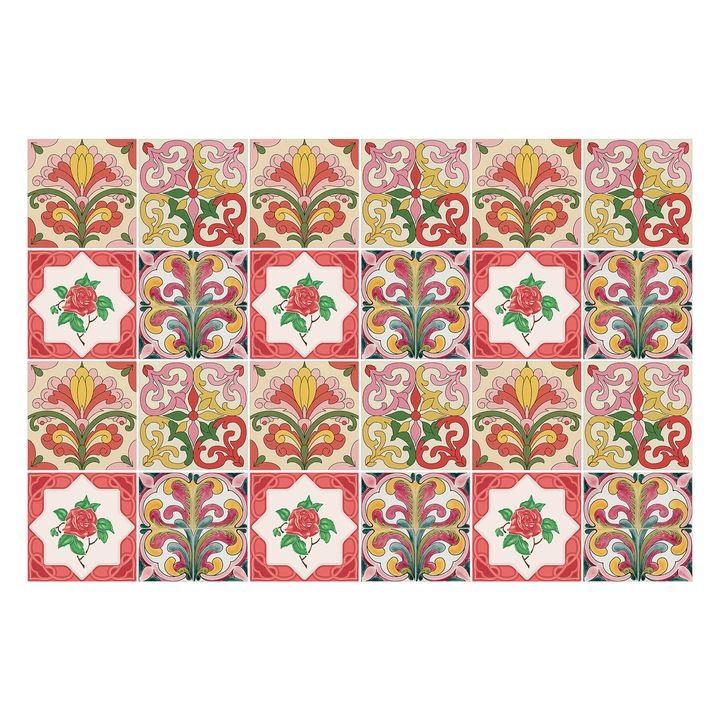 Autocolante gresie si faianta, Wallfluent, Ornamente florale, Rosu, 10x10 cm, 24 bucati, Decorative, 010140070180000283539