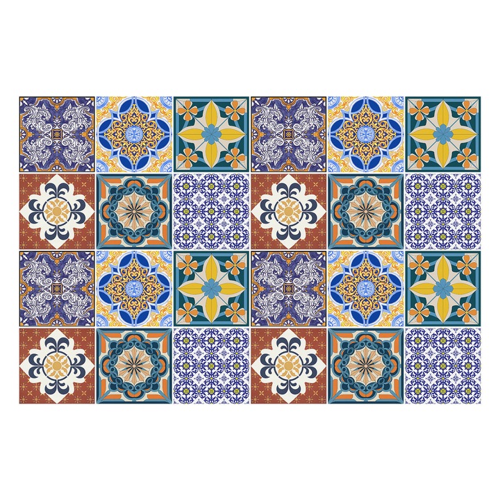 Matrica szett falra vagy csempére, Wallfluent, Kerámia motívumok az elrendezésben, Sárga, 10x10 cm, 24 darab, Dekorációs, 010140070180000283692