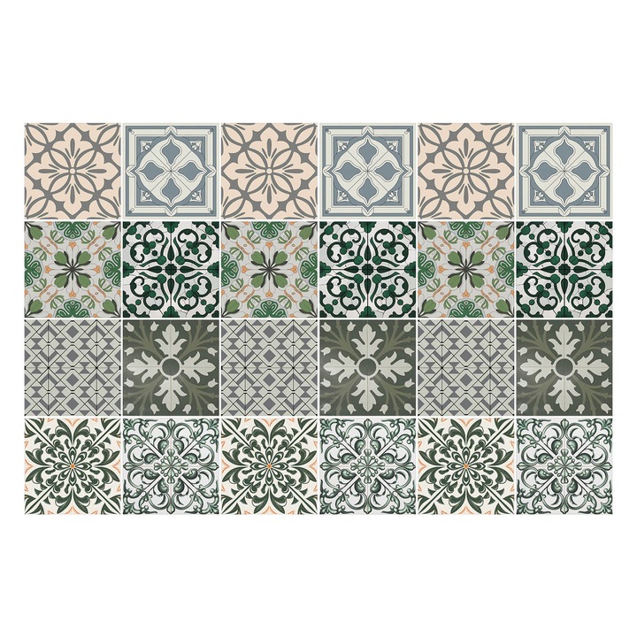 Autocolante gresie si faianta, Wallfluent, Motive vegetale si geometrice, Verde, 20x20 cm, 24 bucati, Decorative, 010140070290000283731