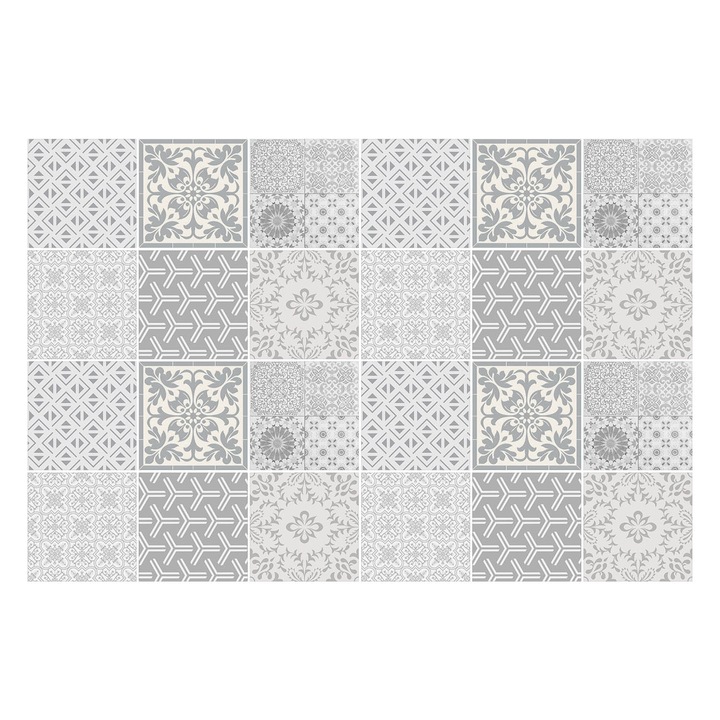 Öntapadós csempe matrica, Wallfluent, Világos csempe minták, Szürke, 20x20 cm, 24 darab, Dekorációs, 010140070290000283687
