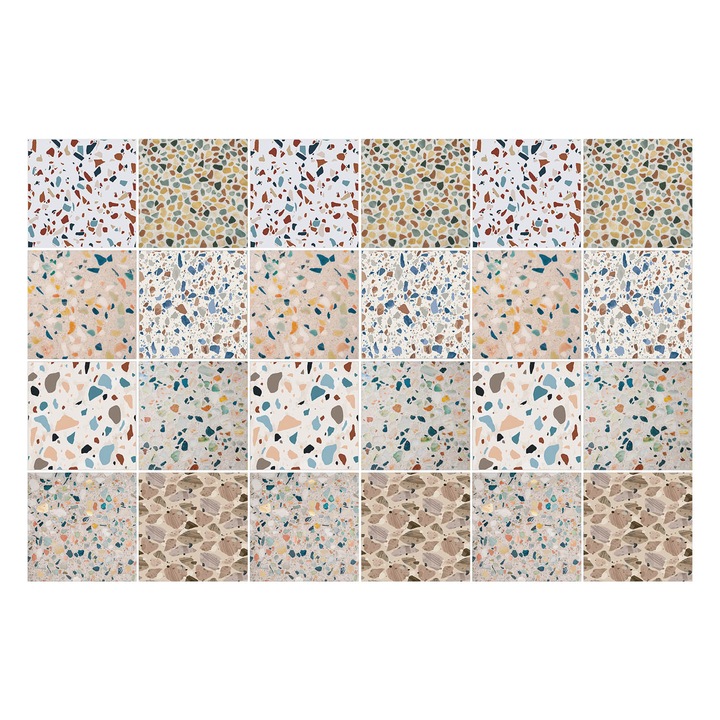 Autocolante pentru gresie, Wallfluent, Diverse piese de terrazzo, Bej, 10x10 cm, 24 bucati, Decorative, 010140070180000283739