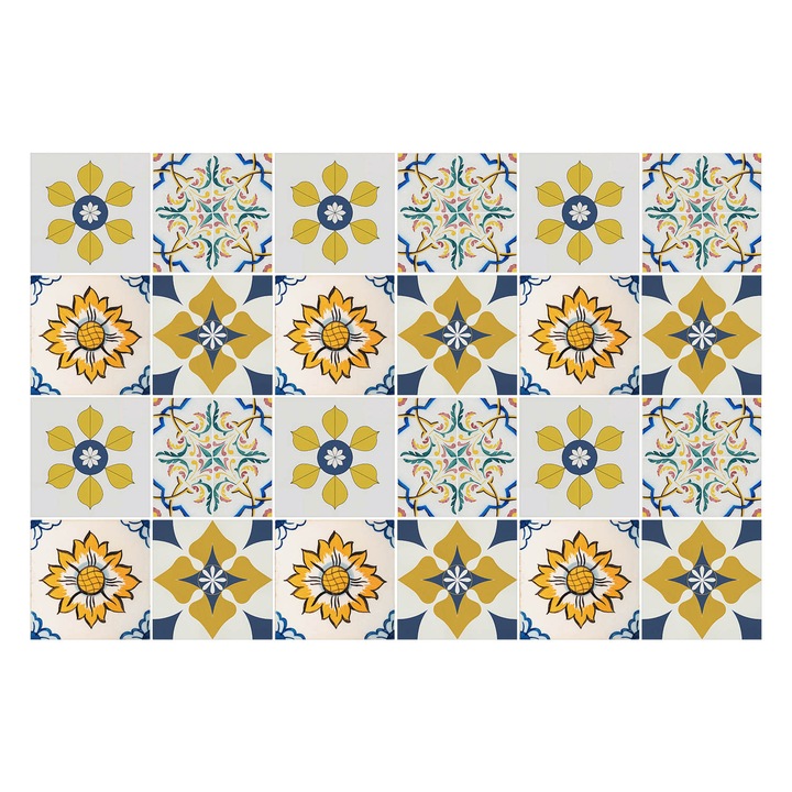 Öntapadós csempe matrica, Wallfluent, Virágos motívumok mozaikban, Sárga, 15x15 cm, 24 darab, Dekorációs, 010140070240000283600