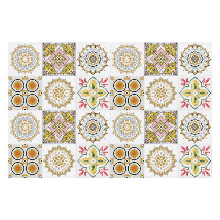 Autocolante gresie si faianta, Wallfluent, Diverse placi, Galben, 10x10 cm, 24 bucati, Decorative, 010140070180000283668