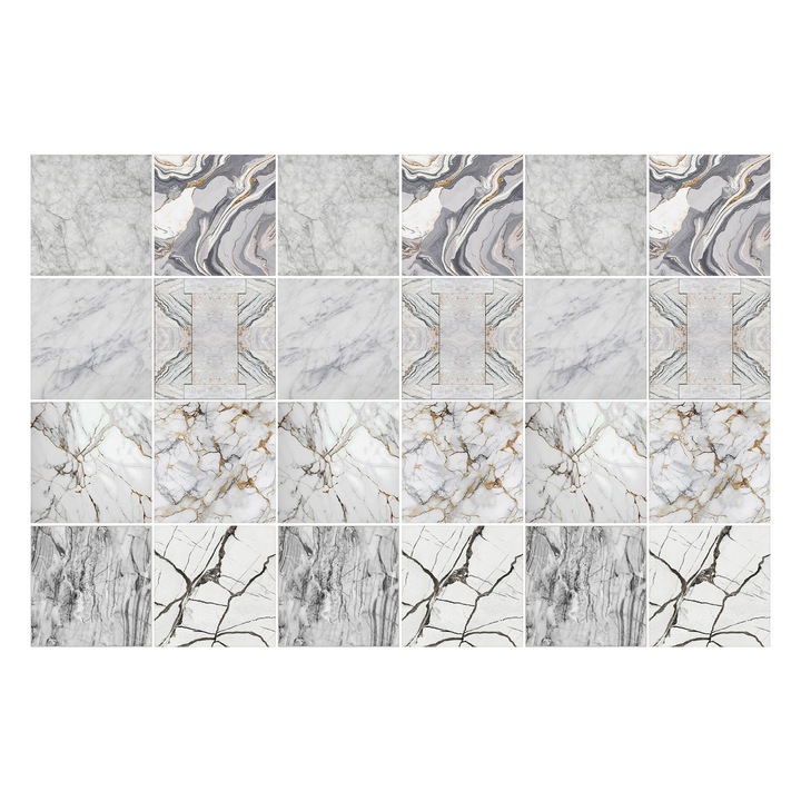 Autocolante gresie si faianta, Wallfluent, Motive elegante din marmura, Gri, 15x15 cm, 24 bucati, Decorative, 010140070240000283752