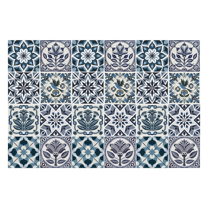 Autocolante pentru gresie, Wallfluent, Motive geometrice florale, Albastru, 15x15 cm, 24 bucati, Decorative, 010140070240000283733
