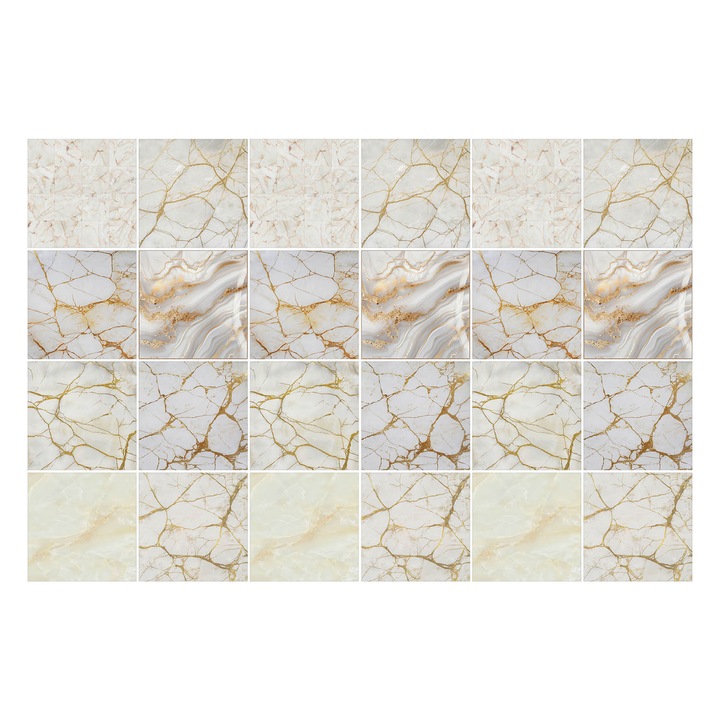 Öntapadós csempe matrica, Wallfluent, Elegáns márvány motívumok, Fehér, 10x10 cm, 24 darab, Dekorációs, 010140070180000283750
