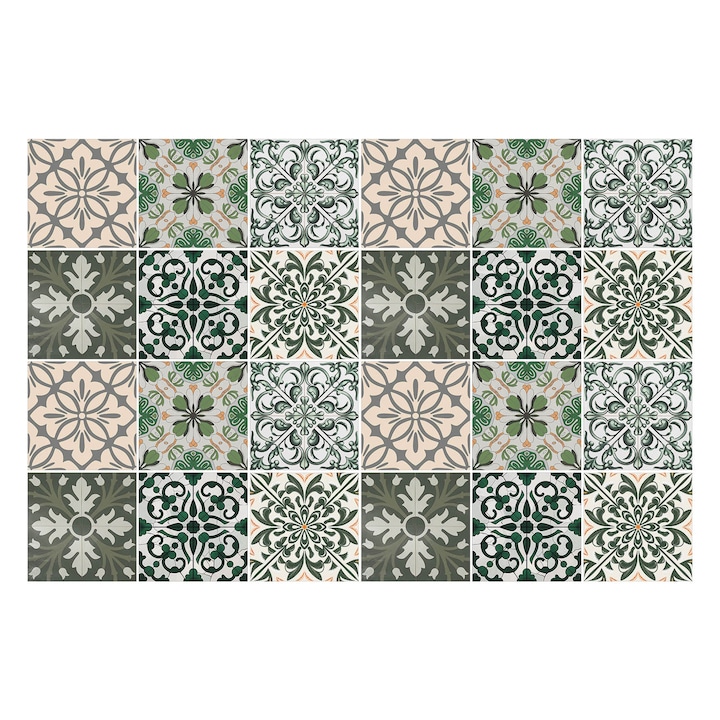 Autocolante pentru gresie, Wallfluent, Motive florale in aranjament, Verde, 10x10 cm, 24 bucati, Decorative, 010140070180000283676