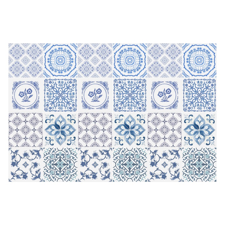 Autocolante gresie, Wallfluent, Ornamente si motive florale, Albastru, 20x20 cm, 24 bucati, Decorative, 010140070290000283756