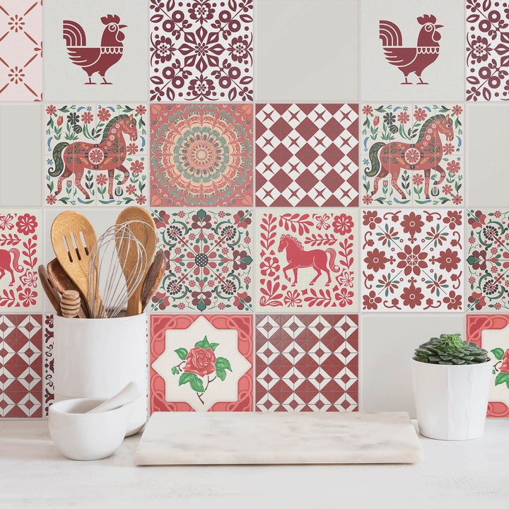 Matrica szett falra vagy csempére, Wallfluent, Hagyományos népi motívumok, Piros, 15x15 cm, 24 darab, Dekorációs, 010140070240000283770