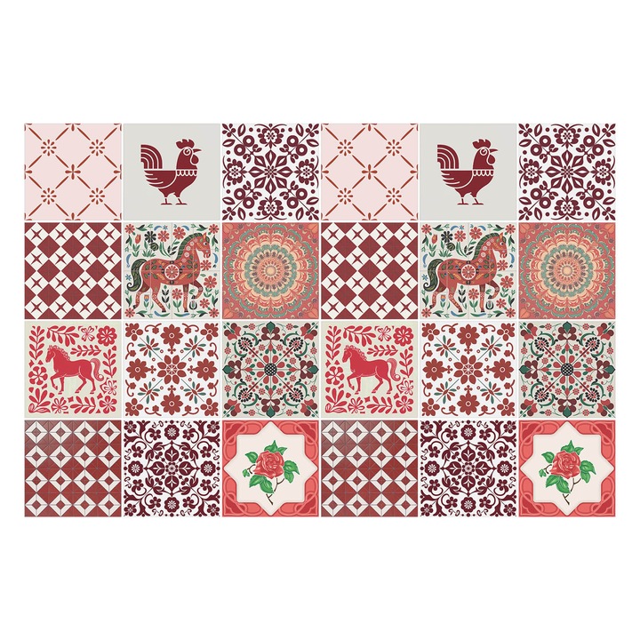 Autocolante gresie si faianta, Wallfluent, Motive populare traditionale, Rosu, 10x10 cm, 24 bucati, Decorative, 010140070180000283770