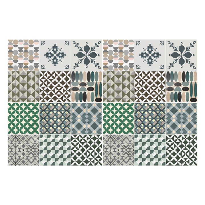 Autocolante gresie si faianta, Wallfluent, Diverse motive geometrice, Verde, 20x20 cm, 24 bucati, Decorative, 010140070290000283782