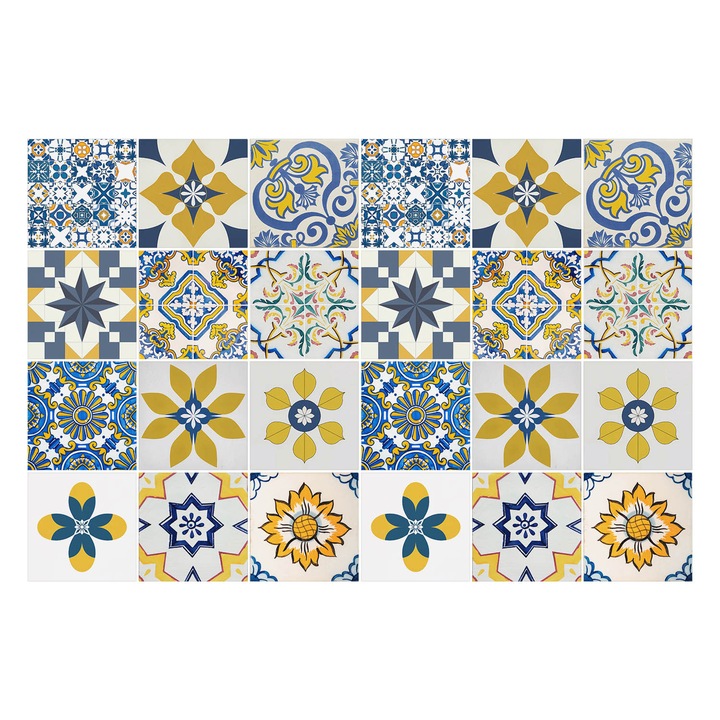 Csempe matrica, Wallfluent, Geometrikus virágmotívumok, Sárga, 15x15 cm, 24 darab, Dekorációs, 010140070240000283793