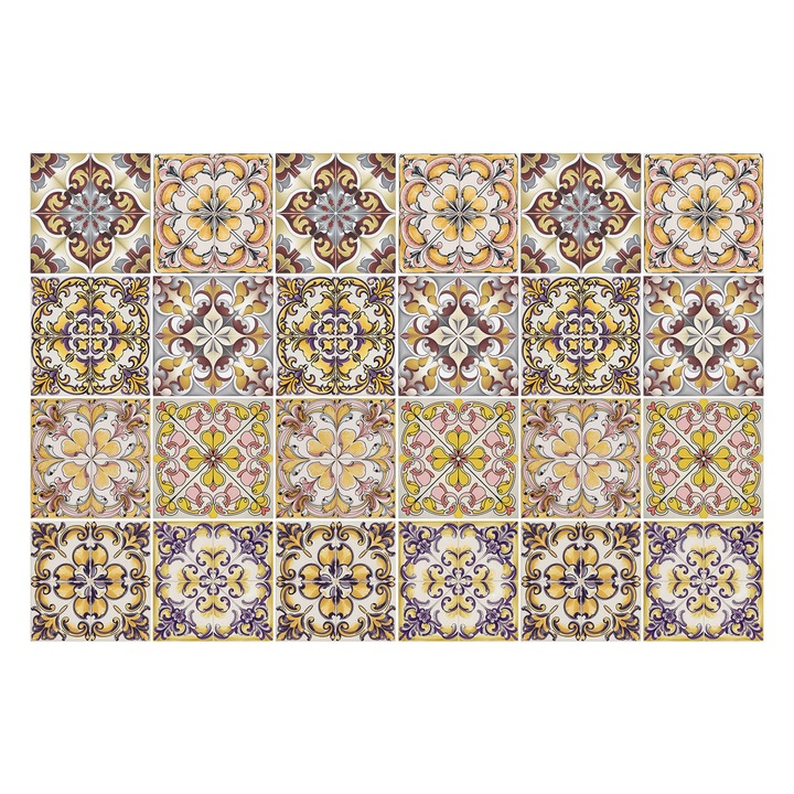 Autocolante pentru gresie, Wallfluent, Compozitie de faianta antica, Galben, 10x10 cm, 24 bucati, Decorative, 010140070180000283718