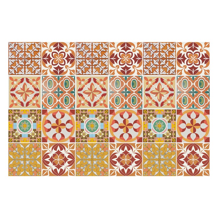 Autocolante gresie, Wallfluent, Compozitie de gresie vintage, Galben, 10x10 cm, 24 bucati, Decorative, 010140070180000283711