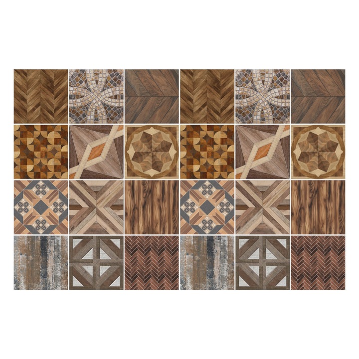 Matrica szett falra vagy csempére, Wallfluent, Különféle fa motívumok, Barna, 10x10 cm, 24 darab, Dekorációs, 010140070180000283776
