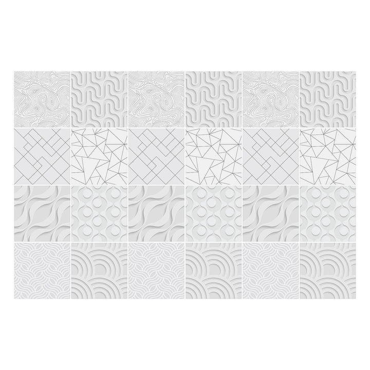 Matrica szett falra vagy csempére, Wallfluent, Absztrakt 3D vonalak és hullámok, Fehér, 20x20 cm, 24 darab, Dekorációs, 010140070290000283743