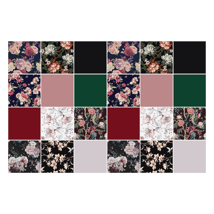 Autocolante gresie, Wallfluent, Compozitii florale, Negru, 10x10 cm, 24 bucati, Decorative, 010140070180000283807