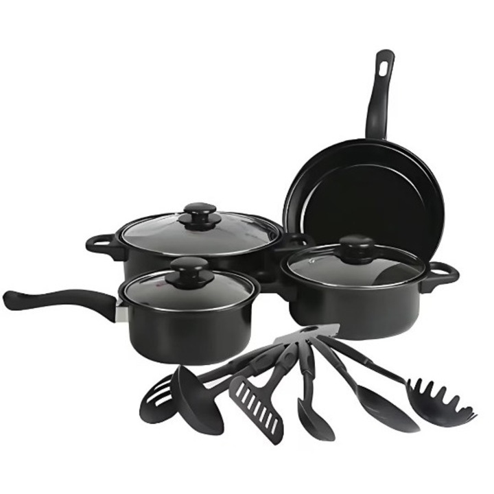 Set 13 Piese Oale, Cratite ROVERIM, Capace Sticla Termorezistenta, Tigaie Antiaderenta, Negru
