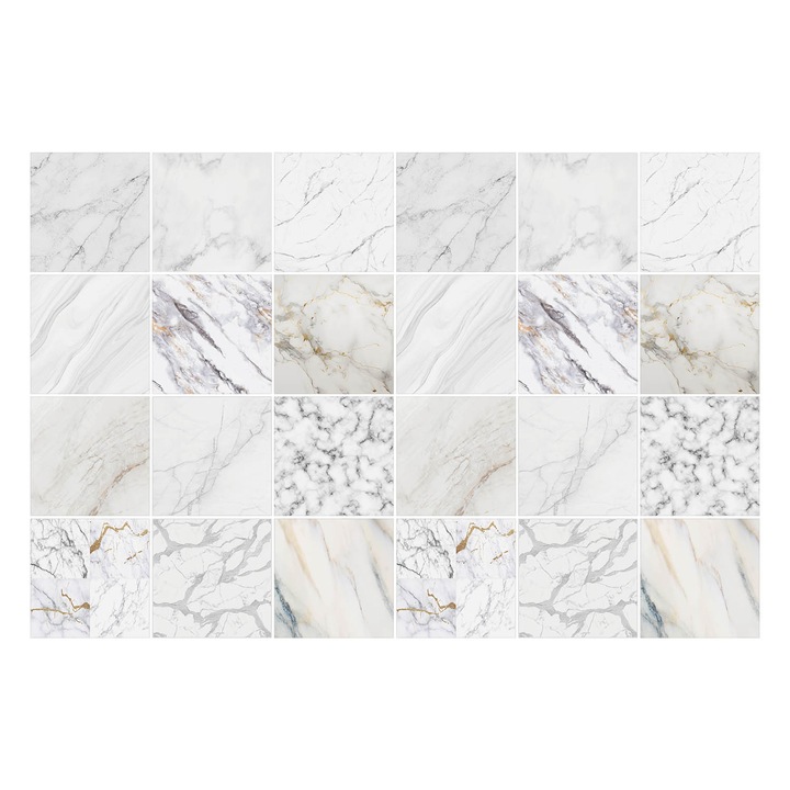 Öntapadós csempe matrica, Wallfluent, Elegáns márvány kövek, Fehér, 10x10 cm, 24 darab, Dekorációs, 010140070180000283804