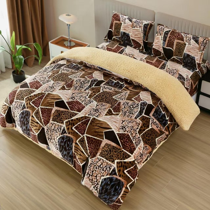 Set Lenjerie Cocolino cu Blanita si Elastic, Groasa si Pufoasa – 4 Piese, 2 Fete de Perna Incluse, Cearceaf cu Elastic 180x200 cm, Culoare Maro