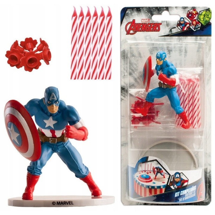 Декоративен комплект за торта Капитан Америка с фигура и 10 свещи, 7,5 см