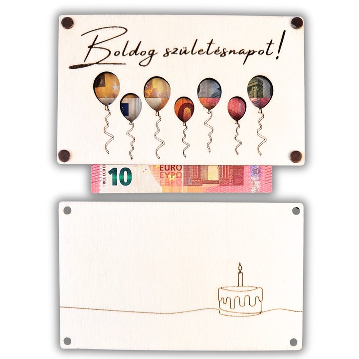 Felicitare din lemn, suport bani sau voucher „Boldog születésnapot!” – 17x10, 5 cm, cadou aniversar