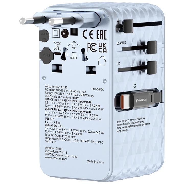 Adaptor calatorie universal Verbatim, GaN III, 70W, 2 x cablu retractabil USB-C, 1 x USB-C, PD 3.0 & QC 4+, 1 x USB-A, Albastru