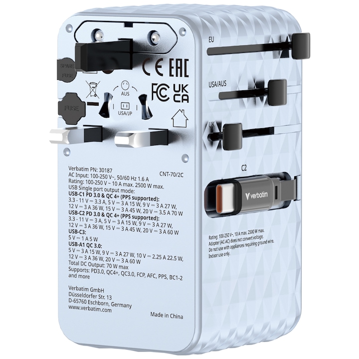 Adaptor calatorie universal Verbatim, GaN III, 70W, 2 x cablu retractabil USB-C, 1 x USB-C, PD 3.0 & QC 4+, 1 x USB-A, Albastru