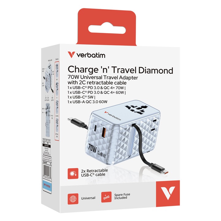Adaptor calatorie universal Verbatim, GaN III, 70W, 2 x cablu retractabil USB-C, 1 x USB-C, PD 3.0 & QC 4+, 1 x USB-A, Albastru