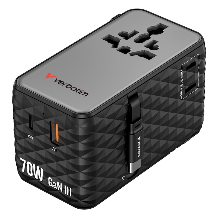 Adaptor calatorie universal Verbatim, GaN III, 70W, 2 x cablu retractabil USB-C, 1 x USB-C, PD 3.0 & QC 4+, 1 x USB-A, Negru