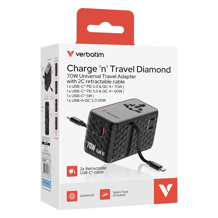 Adaptor calatorie universal Verbatim, GaN III, 70W, 2 x cablu retractabil USB-C, 1 x USB-C, PD 3.0 & QC 4+, 1 x USB-A, Negru