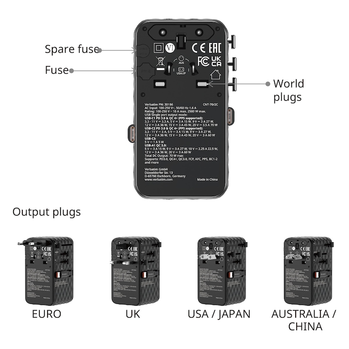 Adaptor calatorie universal Verbatim, GaN III, 70W, 2 x cablu retractabil USB-C, 1 x USB-C, PD 3.0 & QC 4+, 1 x USB-A, Negru
