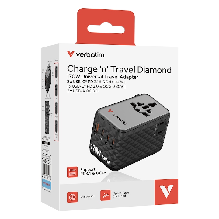 Adaptor calatorie universal Verbatim, GaN III, 170W, 3 x USB-C, 1 x USB-A, PD 3.0 & QC 4+, Negru
