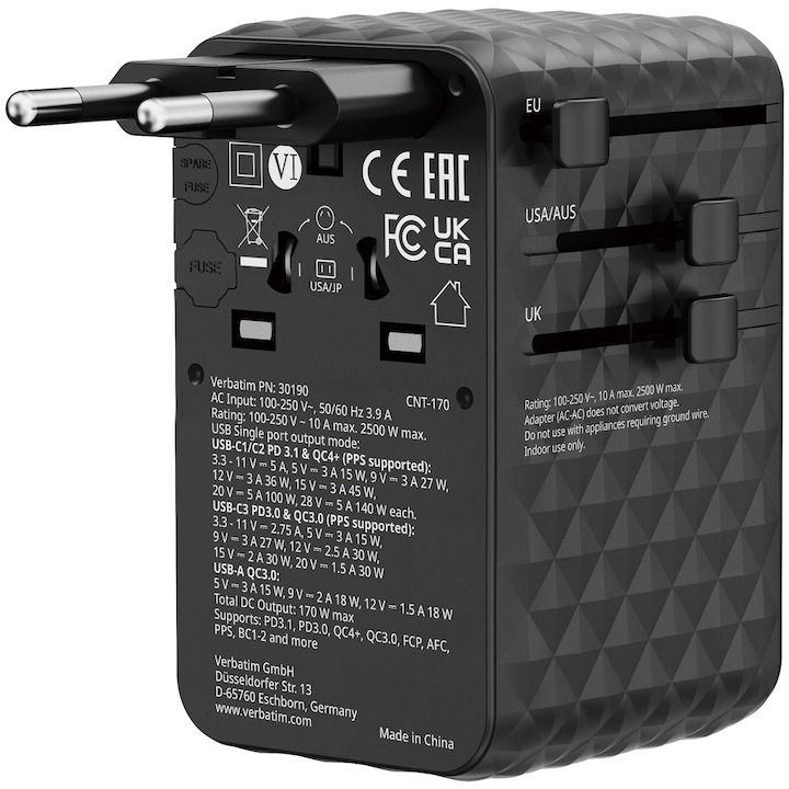 Adaptor calatorie universal Verbatim, GaN III, 170W, 3 x USB-C, 1 x USB-A, PD 3.0 & QC 4+, Negru