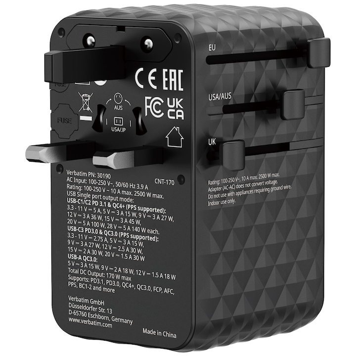 Adaptor calatorie universal Verbatim, GaN III, 170W, 3 x USB-C, 1 x USB-A, PD 3.0 & QC 4+, Negru