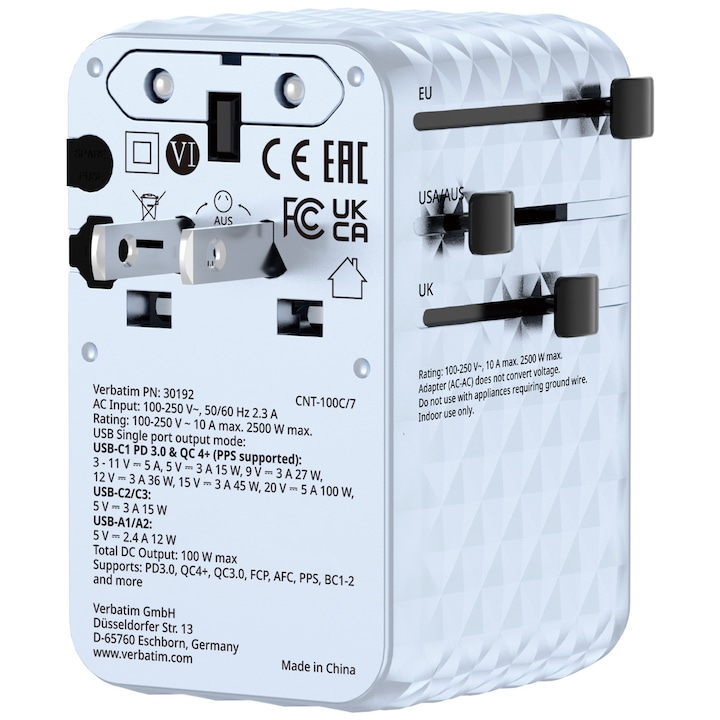 Adaptor calatorie universal Verbatim, GaN III, 100W, cablu retractabil USB-C, 2 x USB-A, 2 x USB-C, PD 3.0 & QC 4+, Albastru