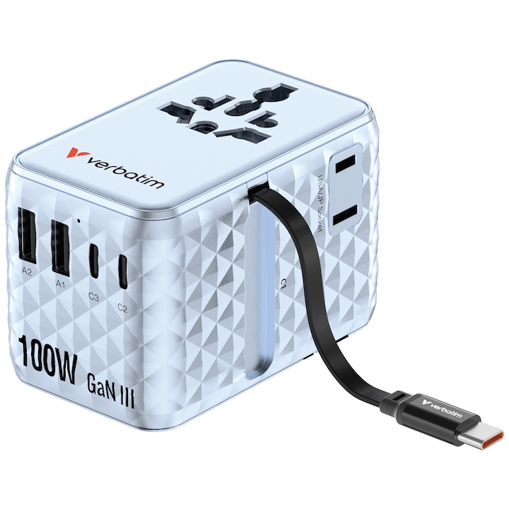 Adaptor calatorie universal Verbatim, GaN III, 100W, cablu retractabil USB-C, 2 x USB-A, 2 x USB-C, PD 3.0 & QC 4+, Albastru