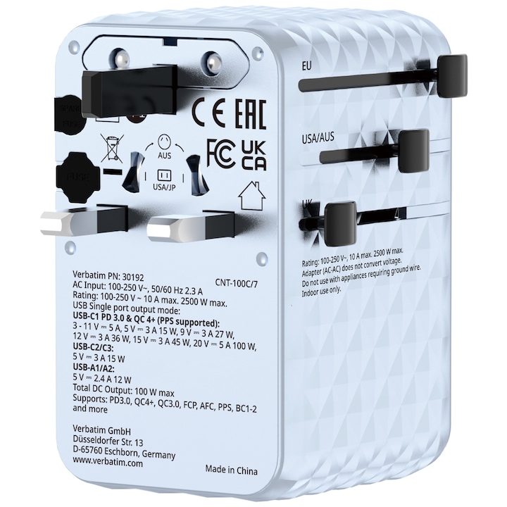 Adaptor calatorie universal Verbatim, GaN III, 100W, cablu retractabil USB-C, 2 x USB-A, 2 x USB-C, PD 3.0 & QC 4+, Albastru