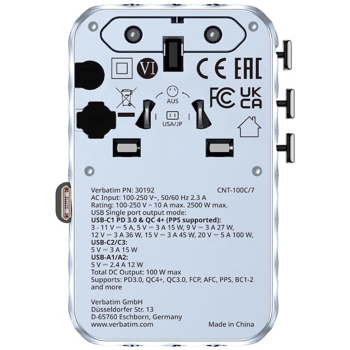 Adaptor calatorie universal Verbatim, GaN III, 100W, cablu retractabil USB-C, 2 x USB-A, 2 x USB-C, PD 3.0 & QC 4+, Albastru