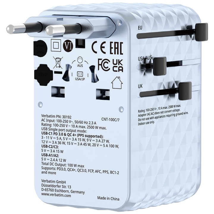 Adaptor calatorie universal Verbatim, GaN III, 100W, cablu retractabil USB-C, 2 x USB-A, 2 x USB-C, PD 3.0 & QC 4+, Albastru