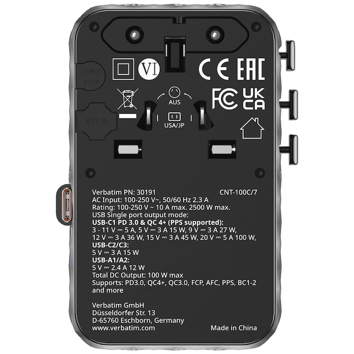Adaptor calatorie universal Verbatim, GaN III, 100W, cablu retractabil USB-C, 2 x USB-A, 2 x USB-C, PD 3.0 & QC 4+, Negru