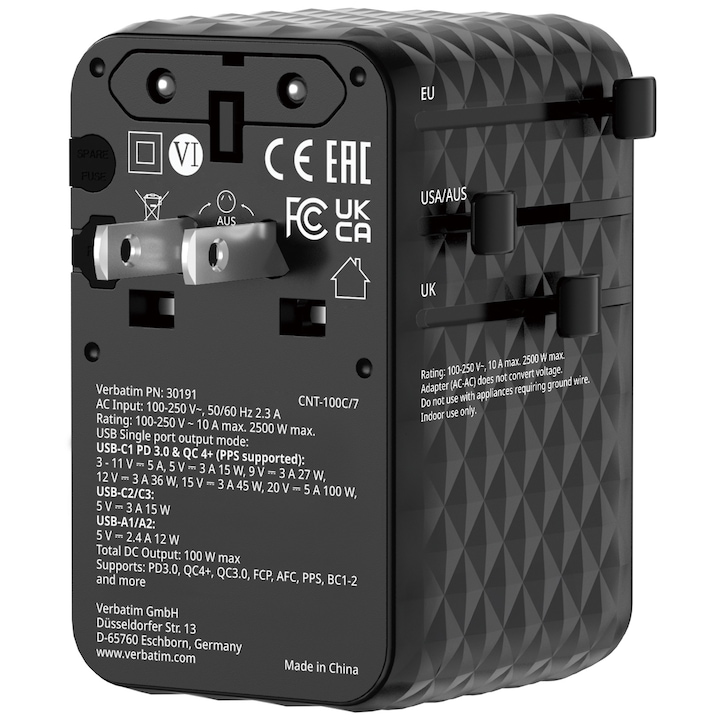 Adaptor calatorie universal Verbatim, GaN III, 100W, cablu retractabil USB-C, 2 x USB-A, 2 x USB-C, PD 3.0 & QC 4+, Negru
