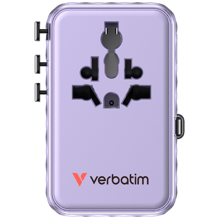 Adaptor calatorie universal Verbatim, GaN III, 100W, cablu retractabil USB-C, 2 x USB-A, 2 x USB-C, PD 3.0 & QC 4+, Violet
