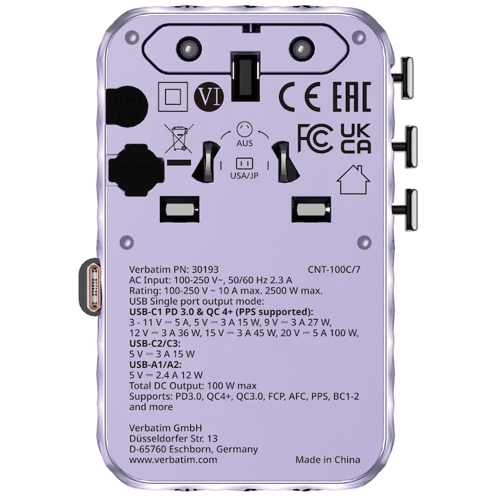 Adaptor calatorie universal Verbatim, GaN III, 100W, cablu retractabil USB-C, 2 x USB-A, 2 x USB-C, PD 3.0 & QC 4+, Violet