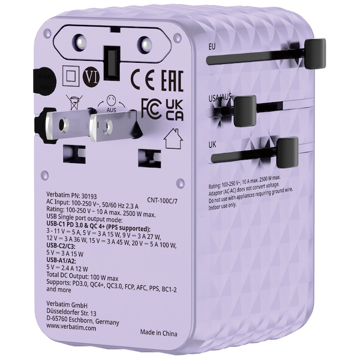 Adaptor calatorie universal Verbatim, GaN III, 100W, cablu retractabil USB-C, 2 x USB-A, 2 x USB-C, PD 3.0 & QC 4+, Violet
