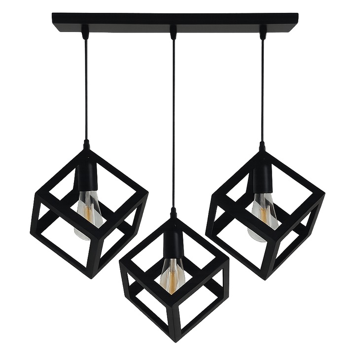 Lustra Cojom Kubus 3WL, din lemn masiv fag, 3becuri cu dulie E27, Wenghe