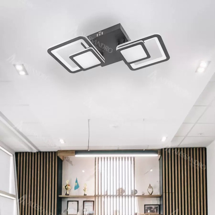 Lustra LED cu Telecomanda Alessandro, 48W, 2 Patrate Negre, Dimabila, CCT 3 Trepte (Rece/Neutra/Calda)