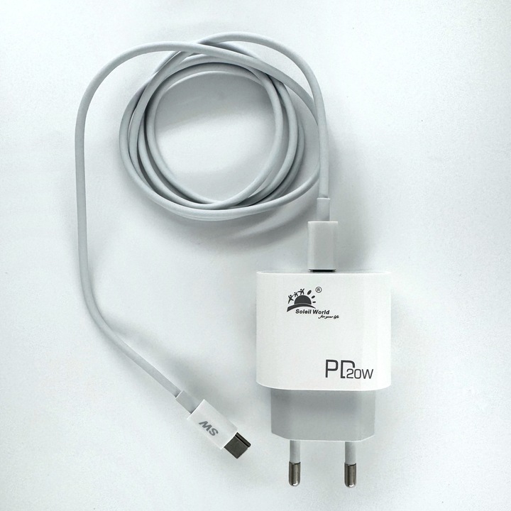 20W PD hálózati töltő Type-C kábellel, 1m, gyorstöltés, fehér