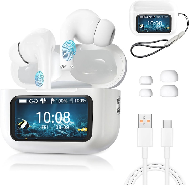 Vezeték nélküli fülhallgató, Bluetooth 5.4 Pro, zajszűréssel és LED érintőképernyős kijelzővel – Fehér